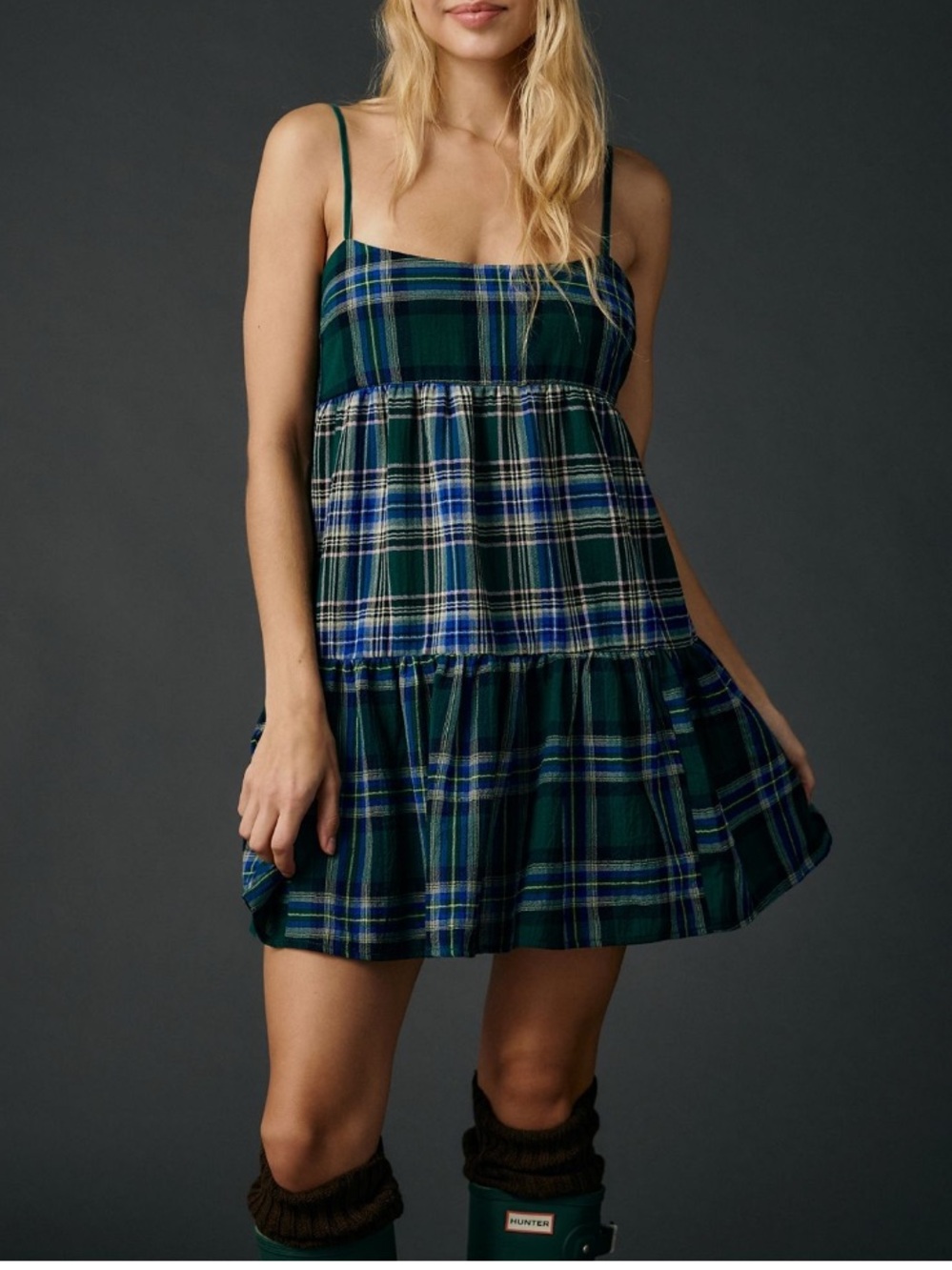 🟤NWT BDG Throw It On Tie-Strap Plaid
Babydoll Mini Dress in Green/Navy